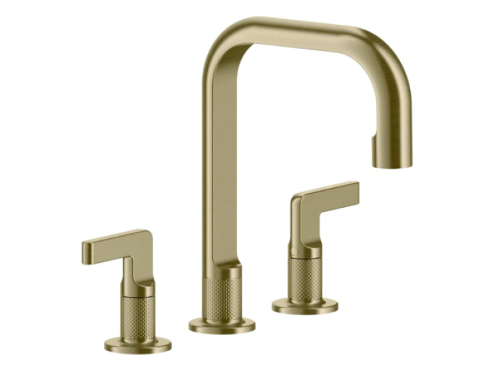 На изображении товар Смеситель для раковины Gessi Inciso, средний, c донным клапаном, цвет Brushed Brass PVD от официального представителя в Москве