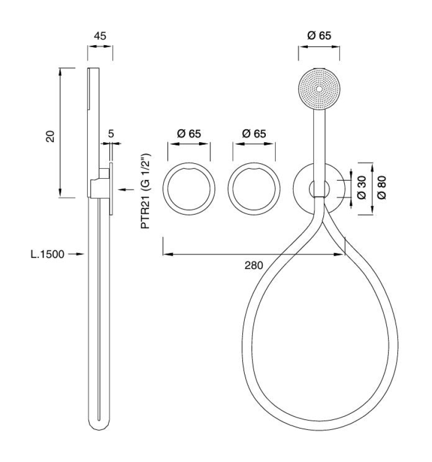 Термостат CEA Design Giotto, настенный, на 3 отверстия, ручной душ Ø 65 мм, шланг в цвете Silk Grey, внешняя часть, сталь, цвет сатинированная сталь - изображение 2