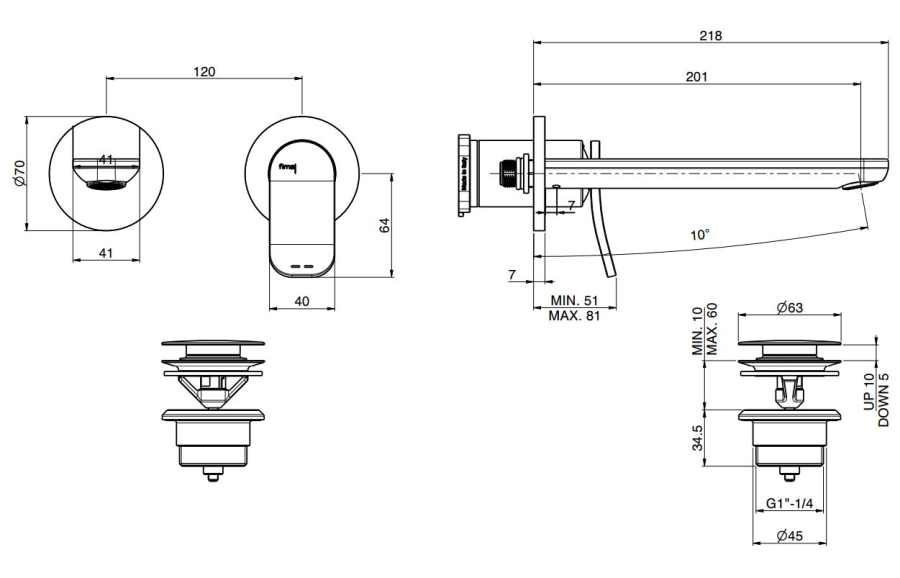Смеситель для раковины Carlo Frattini Flo, настенный, с донным клапаном Click-Clack, L-218 мм, внешняя часть, цвет никель брашированный - изображение 3