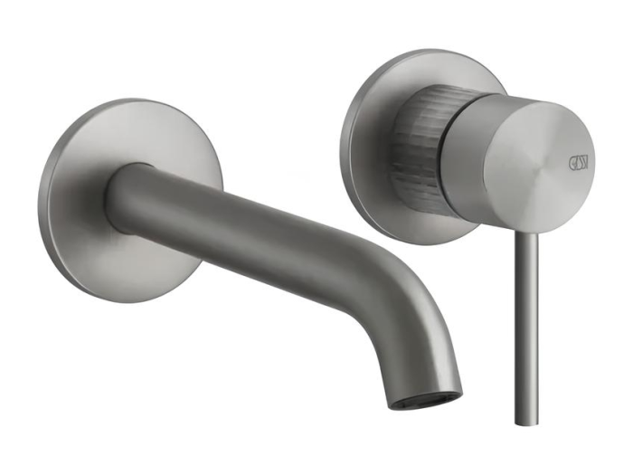 На изображении товар Cмеситель для раковины Gessi316, встраиваемый, настенный, с длинным изливом, без донного клапана, внешние части, цвет Steel Brushed от официального представителя в Москве