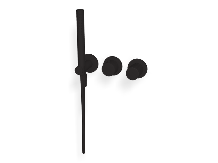 На изображении товар Смеситель для душа Carlo Frattini Spillo Tech, ручка X Collection, на 2 потребителя, с ручным душем, гибким шлангом хромалюкс 1500 мм, внешняя часть, цвет чёрный матовый от официального представителя в Москве