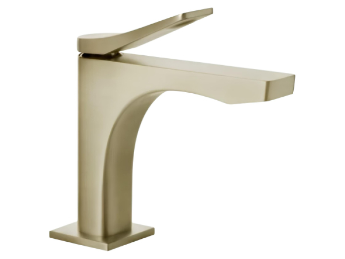 На изображении товар Смеситель для раковины Gessi Rilievo, без донного клапана, с соединительными шлангами, длина излива 166 мм, цвет Brushed Brass PVD от официального представителя в Москве