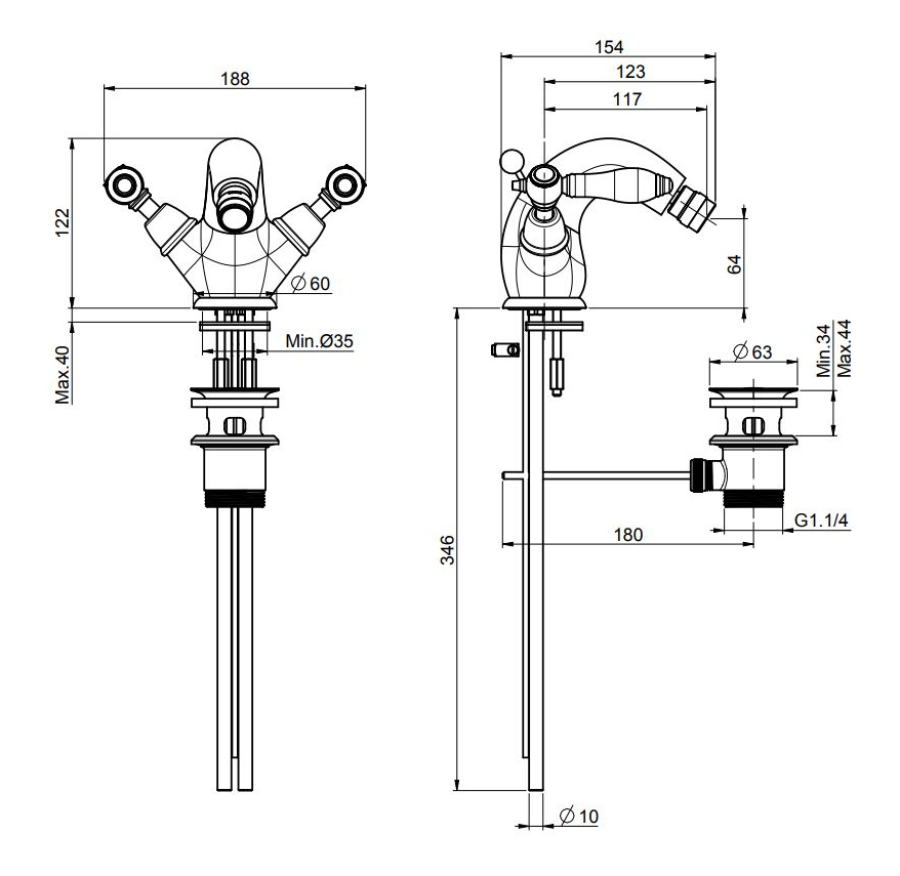 Смеситель для биде Carlo Frattini Herend, XS, с 2 гибкими шлангами, донным клапаном 1"1/4, ширина 188 мм, цвет никель брашированный - изображение 1