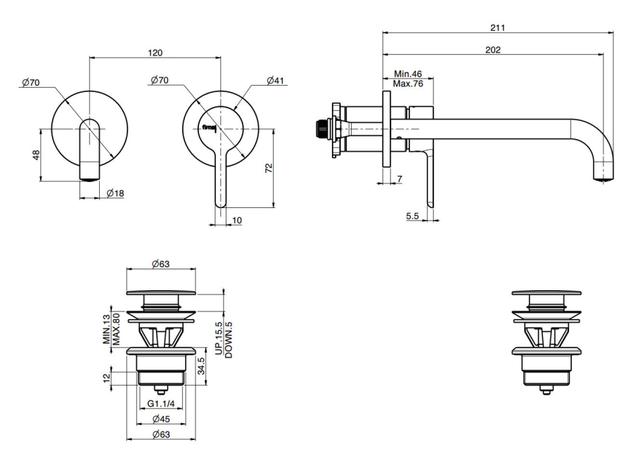 Смеситель для раковины Carlo Frattini Snap, настенный, однорычажный, с донным клапаном Click-Clack, излив 200 мм, внешняя часть, цвет брашированная шампань - изображение 3