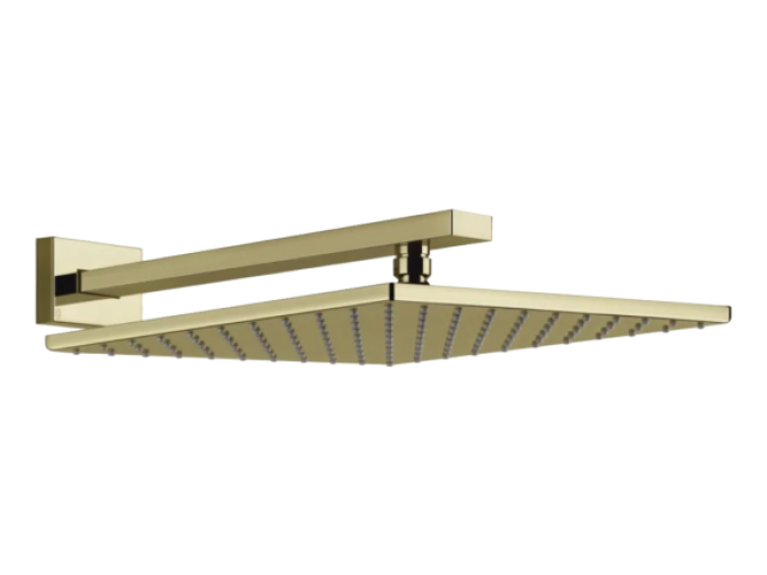 На изображении товар Верхний душ Gessi Rettangolo, 300х300 мм, шарнирный, для настенного крепления, с защитой от известкового налёта, Н-101 мм, цвет Brass PVD от официального представителя в Москве