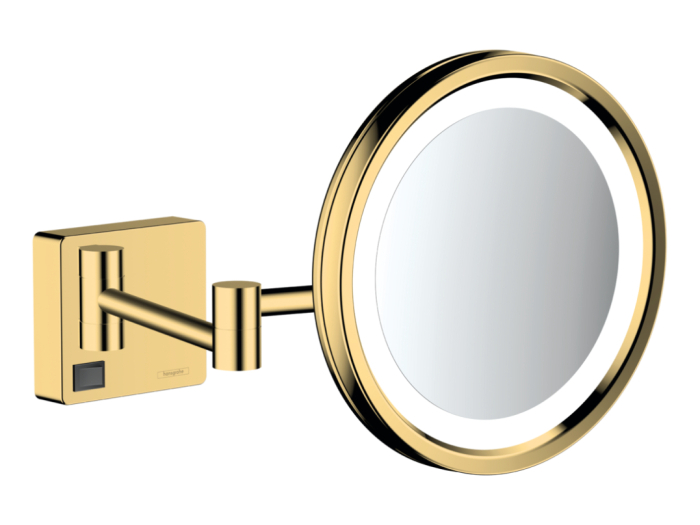 На изображении товар Зеркало косметическое Hansgrohe AddStoris, увеличение в 3 раза, LED подсветка, цвет полированное золото от официального представителя в Москве