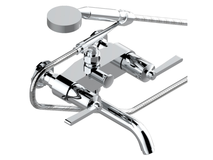 На изображении товар Смеситель THG Faubourg metal manettes, для ванны, настенный, двухрычажный, на 2 отверстия, с душевой лейкой, шлангом, цвет бронза от официального представителя в Москве