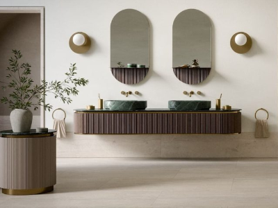 Композиция №1 Oasis Naos Комплект мебели 236х56xh32см, подвесной, мраморный топ verde alp, цвет: золото матовое/орех трубчатый