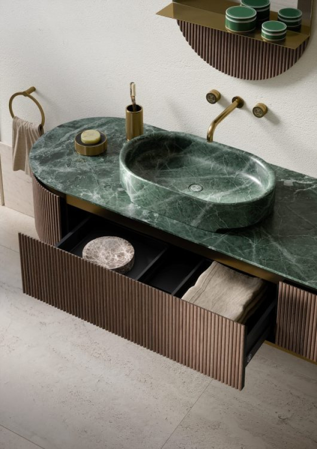 Композиция №1 Oasis Naos Комплект мебели 236х56xh32см, подвесной, мраморный топ verde alp, цвет: золото матовое/орех трубчатый - изображение 1