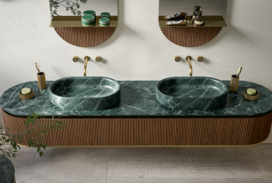 Композиция №1 Oasis Naos Комплект мебели 236х56xh32см, подвесной, мраморный топ verde alp, цвет: золото матовое/орех трубчатый - изображение 3