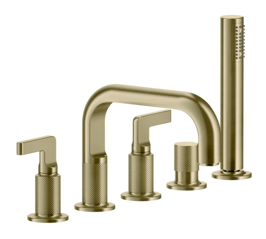 Смеситель для ванны Gessi Inciso, на 5 отверстий, с изливом и ручным душем, цвет Brushed Brass PVD