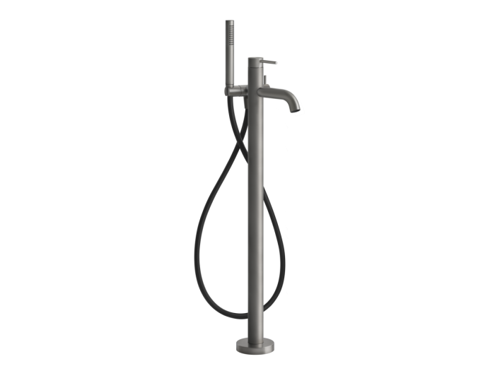 На изображении товар Смеситель для ванны Gessi 316, напольный, встраиваемый, с душевой лейкой, цвет Steel Brushed от официального представителя в Москве