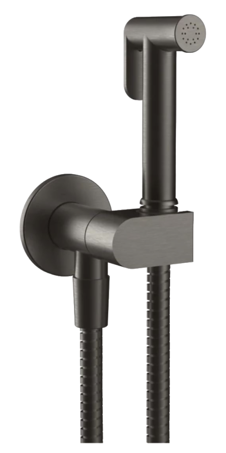 Гигиенический душ Gessi Tondo, с предохранительным клапаном, с лейкой, шлангом, шланговым подсоединением и держателем лейки, ширина 75 мм, цвет Black Metal Brushed PVD