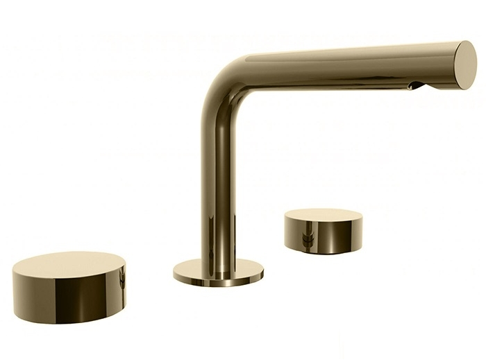 На изображении товар Смеситель для раковины Fantini AF/21 Fukasawa на 3 отверстия, вылет 155 мм, ручки, картридж керамический 90°, подводка, без донного клапана, цвет Matt British Gold PVD от официального представителя в Москве