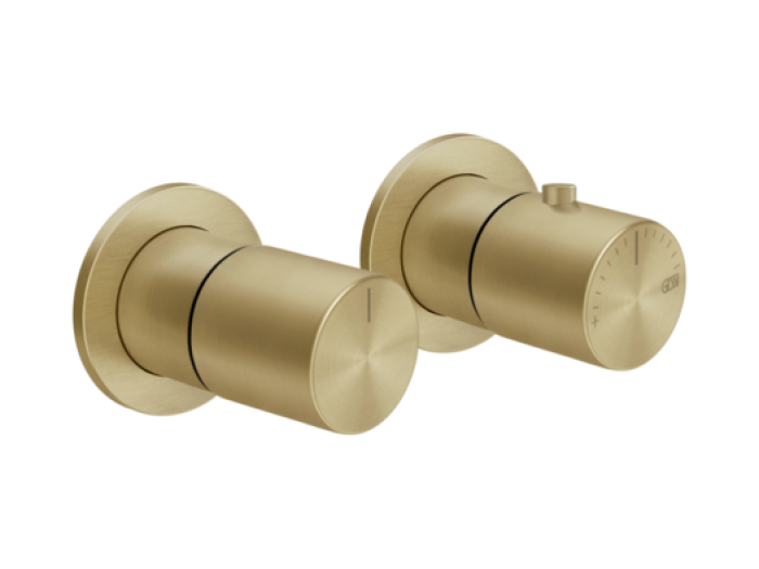 На изображении товар Термостат Gessi Habito, настенный, встраиваемый, на 2 потребителя, цвет Brushed Brass PVD от официального представителя в Москве