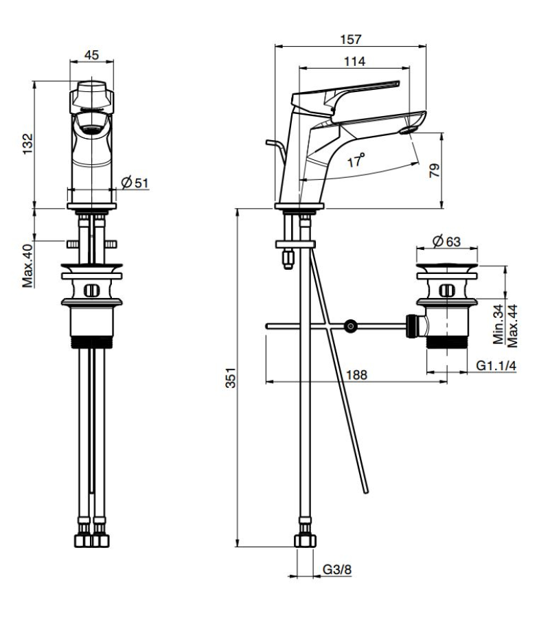 Смеситель для раковины Carlo Frattini Serie 4, с 2 гибкими шлангами 370 мм, донным клапаном 1"1/4 с переливом, Н-132 мм, цвет хром - изображение 1