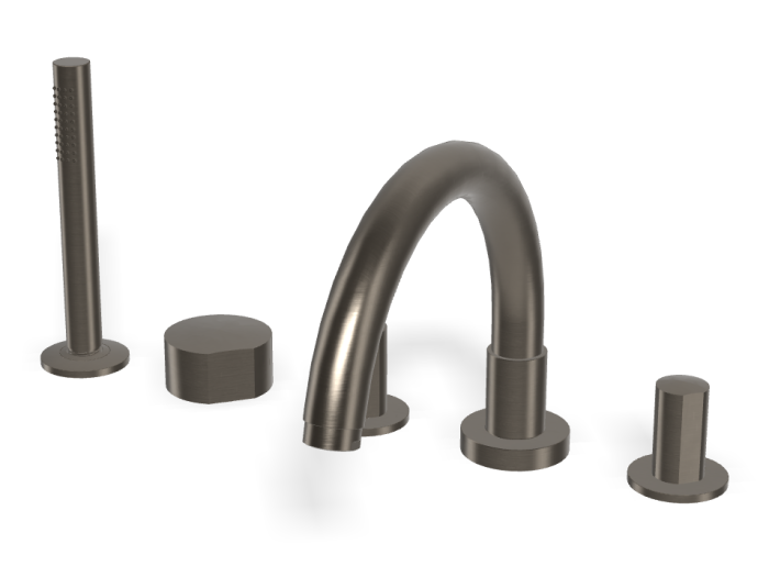 На изображении товар Смеситель для ванны Carlo Frattini SO, на борт, с изливом, вытяжным ручным душем, без ручек, цвет чёрный хром брашированный от официального представителя в Москве