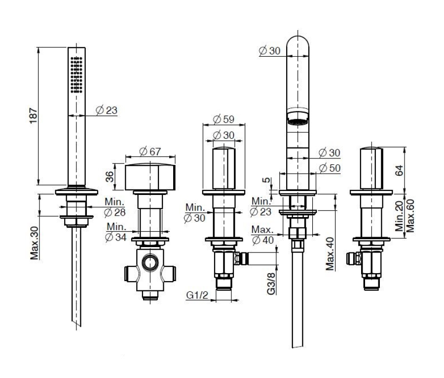 Смеситель для ванны Carlo Frattini SO, на борт, с изливом, вытяжным ручным душем, без ручек, цвет чёрный хром брашированный - изображение 3