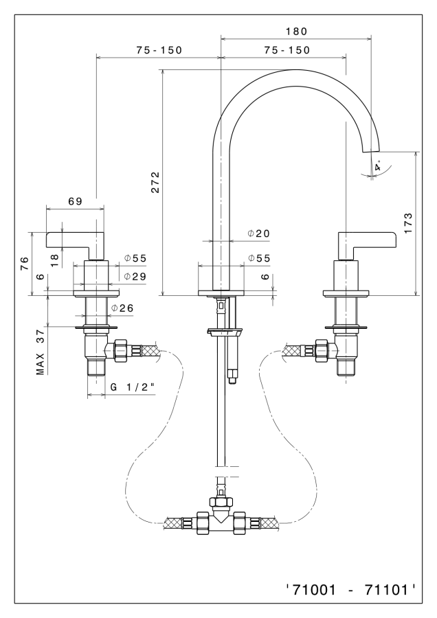 Смеситель для раковины Newform Blink Luxury, двухрычажный, на 3 отверстия, излив 180x272h мм, без донного клапана, цвет PVD Gun metal - изображение 2