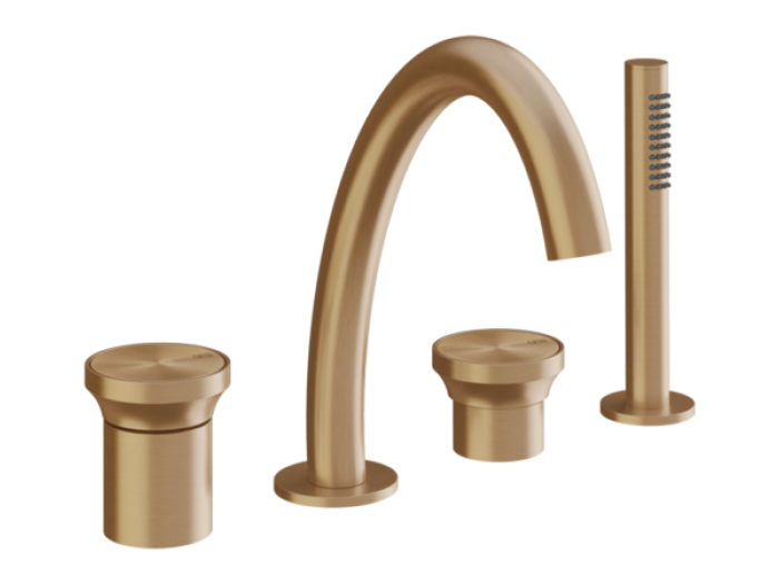 На изображении товар Смеситель для ванны Gessi Origini, на 4 отверстия, с переключателем, изливом, гибким шлангом и душевой лейкой, цвет Warm Bronze Br. PVD от официального представителя в Москве