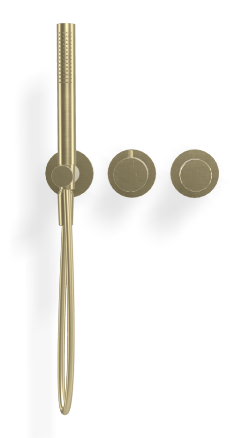 Смеситель для душа Carlo Frattini Spillo Tech, ручка V Collection, на 2 потребителя, с ручным душем, гибким шлангом хромалюкс 1500 мм, внешняя часть, цвет брашированная шампань - изображение 1