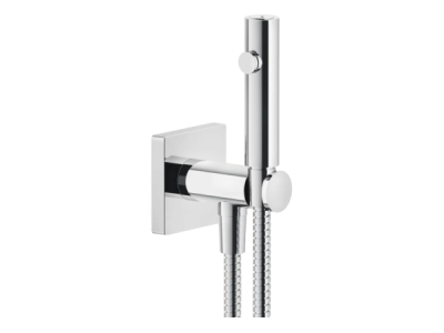 На изображении товар Гигиенический душ Gessi Rilievo, с лейкой, шлангом, шланговым подсоединением и держателем лейки, ширина 60 мм, цвет хром от официального представителя в Москве
