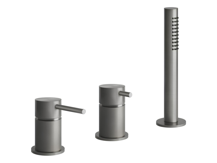 На изображении товар Смеситель для ванны Gessi316, на 3 отверстия, переключатель, налив через перелив, выдвижной ручной душ, шланг, цвет Steel Brushed от официального представителя в Москве