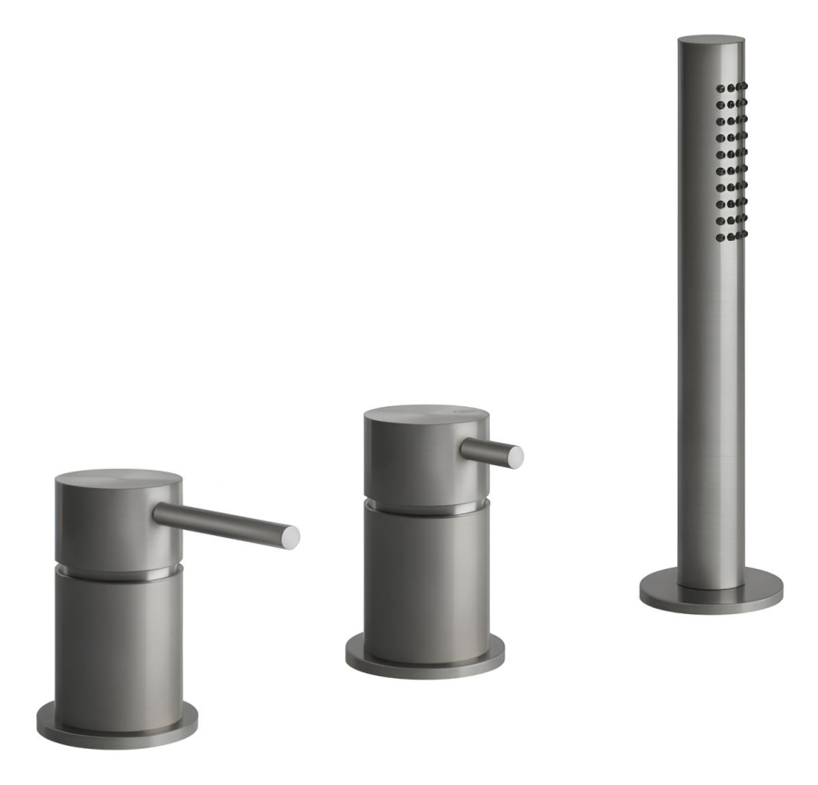 Смеситель для ванны Gessi316, на 3 отверстия, переключатель, налив через перелив, выдвижной ручной душ, шланг, цвет Steel Brushed