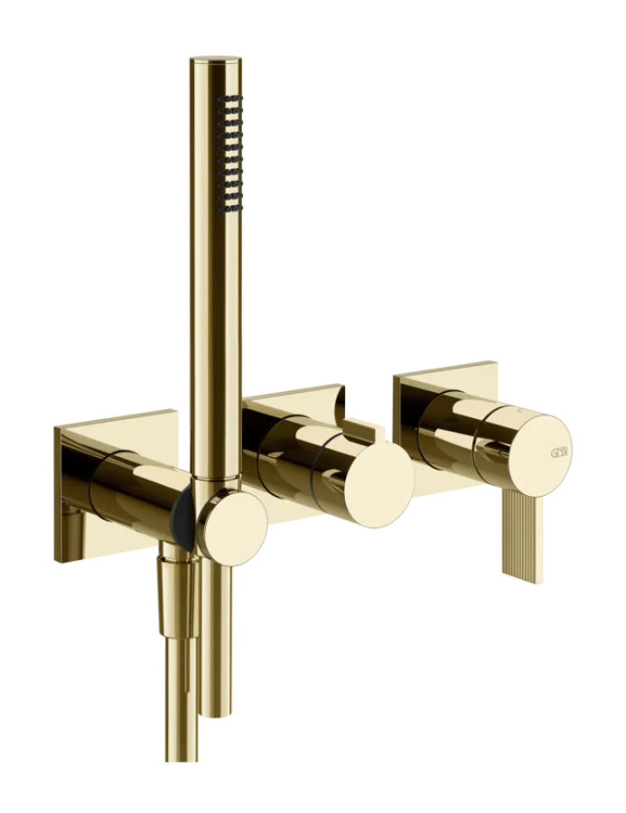 Cмеситель для душа Gessi Inverso, встраиваемый, настенный, на 2 выхода, с переключателем и ручным душем, внешняя часть, цвет Brass PVD