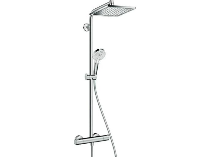 На изображении товар Душевая система Hansgrohe Crometta Е 240 1jet Showerpipe, с ручным душем, 1 тип струи, термостат, цвет хром от официального представителя в Москве