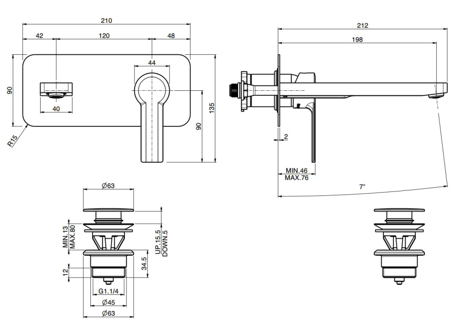 Смеситель для раковины Carlo Frattini Mast, настенный, однорычажный, с донным клапаном Click-Clack, излив 200 мм, внешняя часть, цвет чёрный матовый - изображение 3
