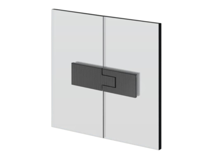 На изображении товар Петля стекло-стекло Gessi Rigato, угол поворота 90 градусов, если вес двери больше 50 кг, использовать 3 петли, максимальная ширина створки 1000 мм, цвет Black Metal PVD от официального представителя в Москве