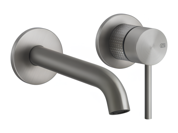 На изображении товар Смеситель для раковины Gessi 316, настенный, длинный излив, встраиваемый, цвет Steel Brushed от официального представителя в Москве