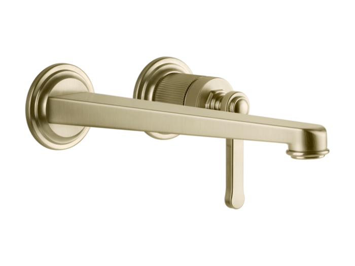 На изображении товар Смеситель для раковины Gessi Venti20, настенный, с длинным изливом, без донного клапана, внешние части, цвет Brushed Brass PVD от официального представителя в Москве