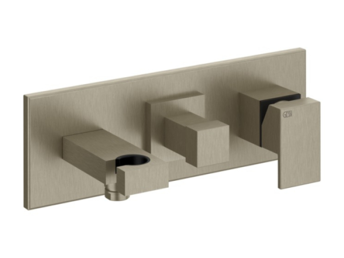 На изображении товар Смеситель Gessi Rettangolo, встраиваемый, однорычажный, дивертор на 2 выхода, шланговое подсоединение, держатель душевой лейки, внешняя часть, цвет Finox Brushed Nickel от официального представителя в Москве