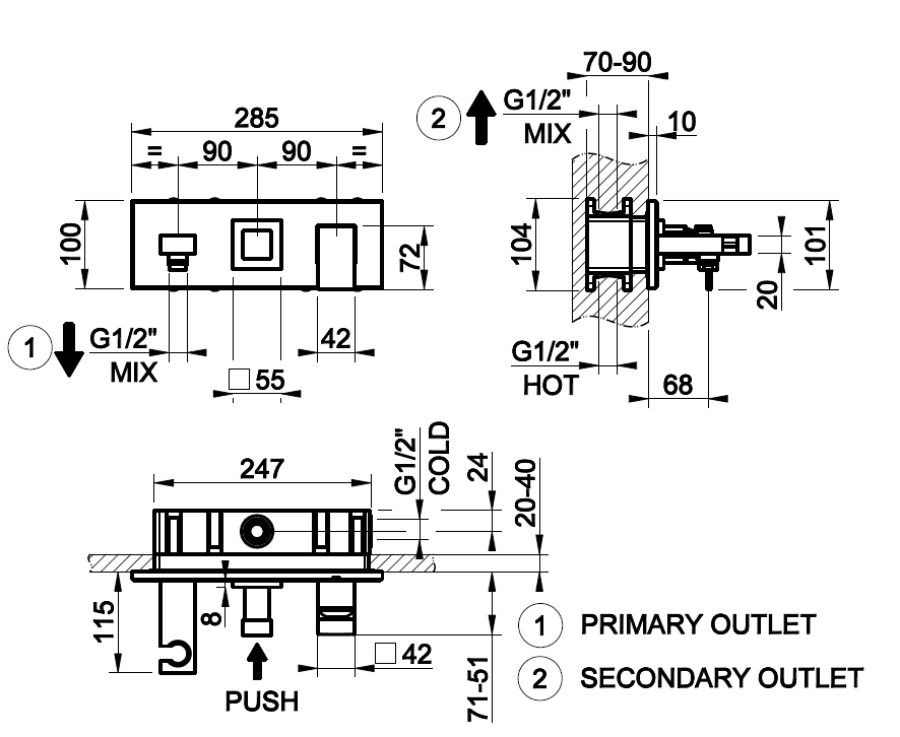 Смеситель Gessi Rettangolo, встраиваемый, однорычажный, дивертор на 2 выхода, шланговое подсоединение, держатель душевой лейки, внешняя часть, цвет Finox Brushed Nickel - изображение 1
