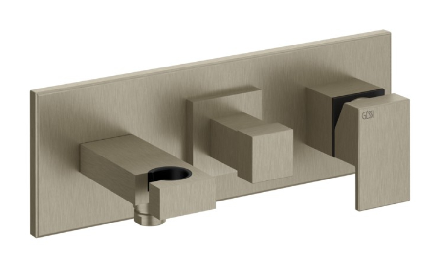 Смеситель Gessi Rettangolo, встраиваемый, однорычажный, дивертор на 2 выхода, шланговое подсоединение, держатель душевой лейки, внешняя часть, цвет Finox Brushed Nickel