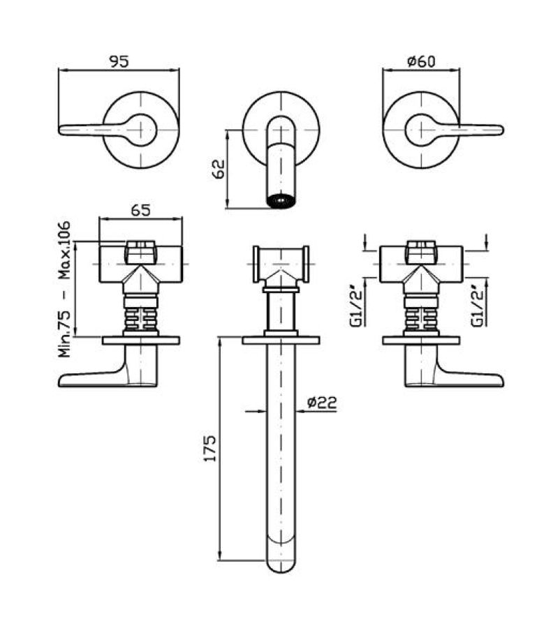 Смеситель для раковины Zucchetti Medameda, настенный, на 3 отверстия, излив 175 мм, внешняя часть, цвет Brushed Metal Black - изображение 1