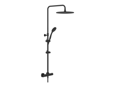 На изображении товар Душевая система Gessi Minimalistic Shower, настенный термостат, стойка с верхним душем Ø300 мм, автоматический переключатель, шланг, ручная лейка, цвет Matte Black от официального представителя в Москве