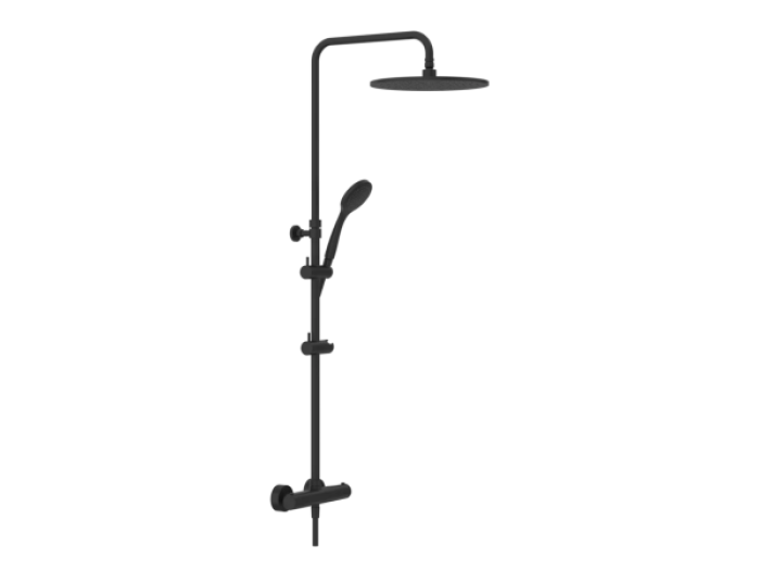 На изображении товар Душевая система Gessi Minimalistic Shower, настенный термостат, стойка с верхним душем Ø300 мм, автоматический переключатель, шланг, ручная лейка, цвет Matte Black от официального представителя в Москве