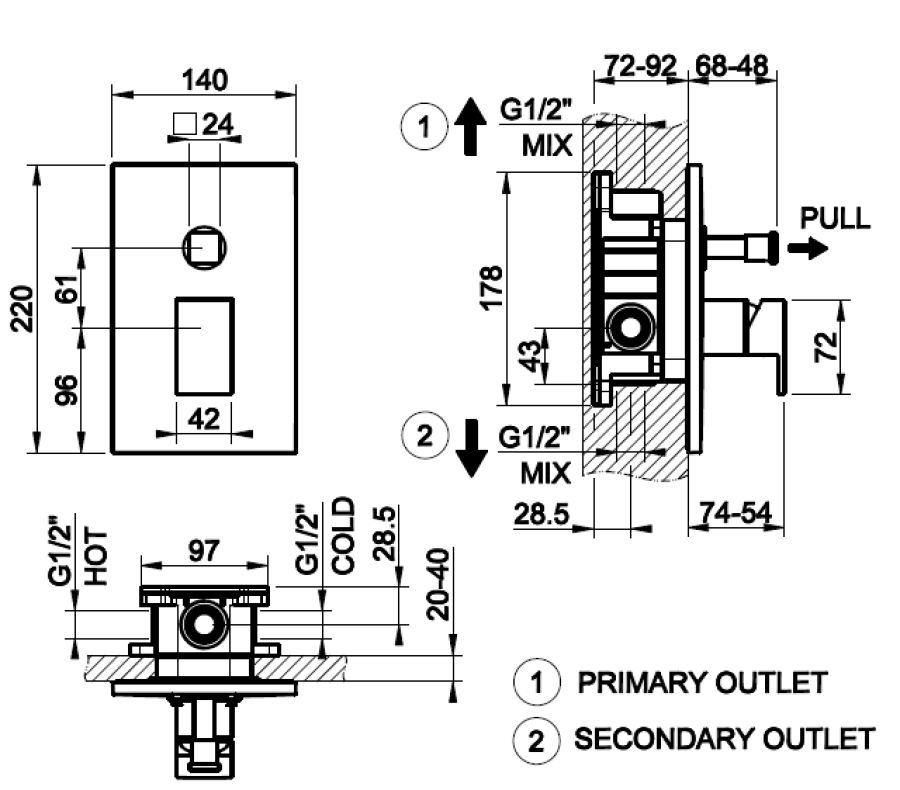 Смеситель для душа Gessi Rettangolo, встраиваемый, 140х74 мм, автоматический переключатель на 2 выхода, внешняя часть, цвет Brushed Brass PVD - изображение 1