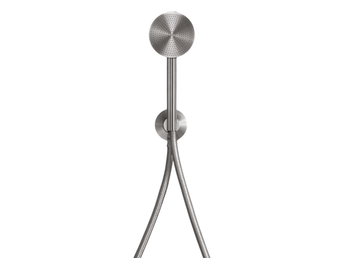 На изображении товар Душ ручной CeaDesign Free Ideas, с настенным держателем и подключением к воде, Ø 80 мм, шланг в стальной оплетке, сталь, цвет сатинированная сталь от официального представителя в Москве
