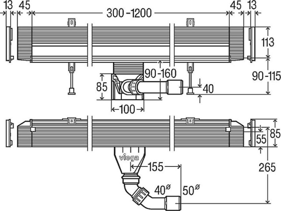 Базовый элемент душевого лотка Viega Advantix Vario, L 300 - 1200 мм, монтажная высота 90 - 160 мм - изображение 3