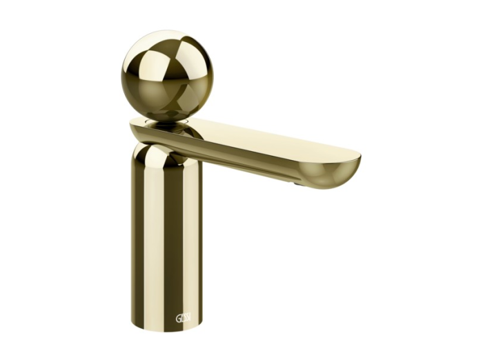На изображении товар Смеситель для раковины Gessi Perle низкий, без донного клапана, с металлическим вентилем Brass PVD от официального представителя в Москве