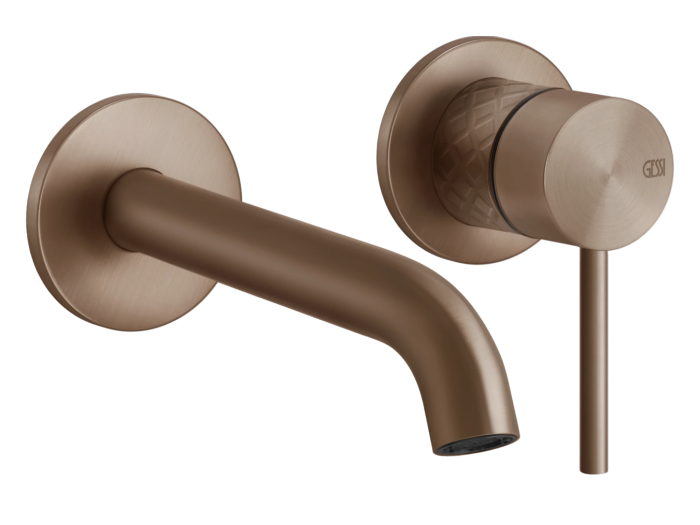 На изображении товар Смеситель для раковины Gessi316, настенный со средним изливом, без донного клапана, внешние части, цвет Copper Brushed PVD от официального представителя в Москве