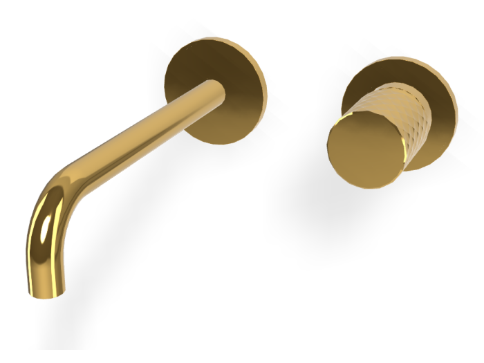 На изображении товар Смеситель для раковины Carlo Frattini Spillo Tech, ручка X Collection, настенный, с донным клапаном Click-Clack, излив 200 мм, внешняя часть, цвет золото от официального представителя в Москве