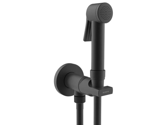На изображении товар Гигиенический комплект Bossini Mono Paloma Brass Mixer Set: смеситель монокомандный, душ с кнопкой подачи воды, шланг 1250 мм, черный матовый от официального представителя в Москве