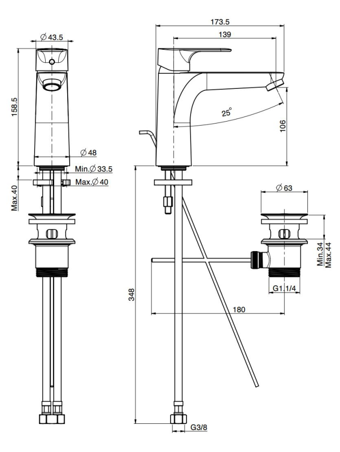 Смеситель для раковины Carlo Frattini Serie 22, c донным клапаном Click-Clack, 2 гибкими шлангами, излив L-173 мм, цвет черный матовый - изображение 3