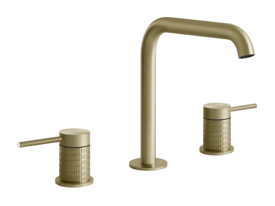 Смеситель для раковины Gessi316, на 3 отверстия, с изливом, без донного клапана, соединительные шланги, цвет Brushed Brass PVD