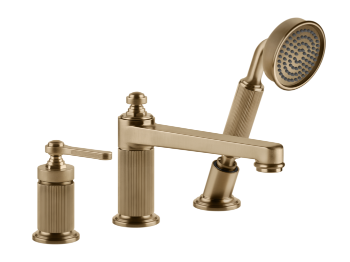 На изображении товар Смеситель для ванны Gessi Venti20, с изливом,  дивертором, выдвижным ручным душем, цвет Warm Bronze Br. PVD от официального представителя в Москве